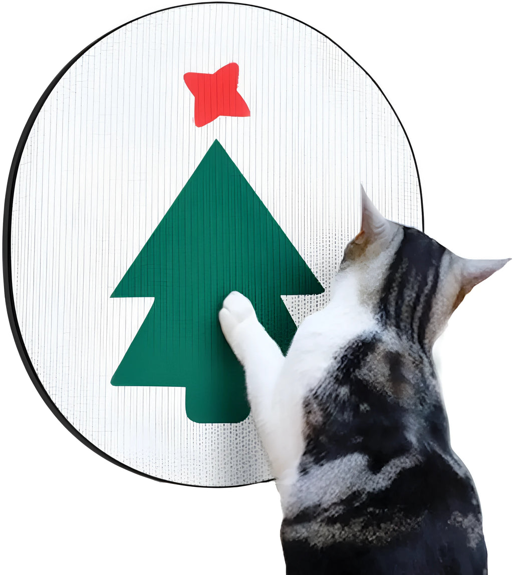 Vertical wall-mounted cat scratching pad made of corrugated cardboard on a wall.