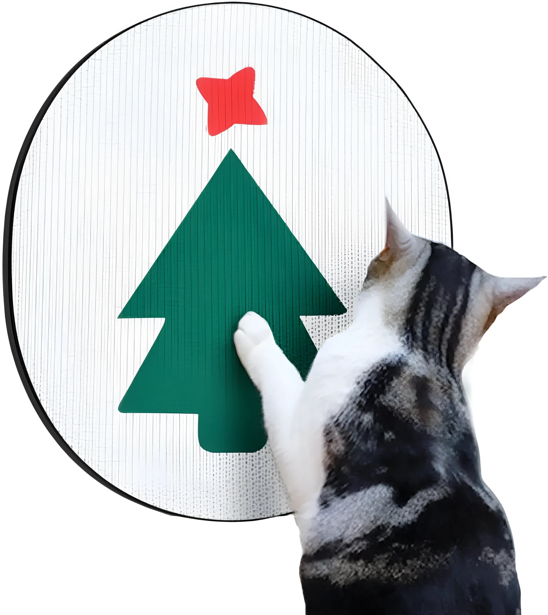 Vertical wall-mounted cat scratching pad made of corrugated cardboard on a wall.