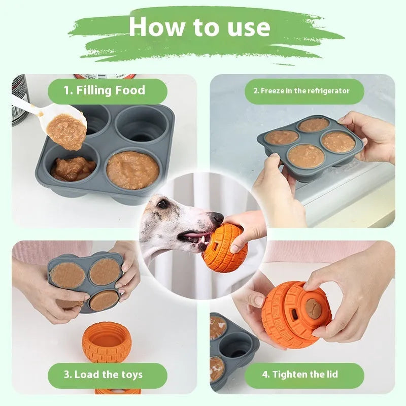 Green or orange natural rubber pet food dropping ball toy measuring 14x10x10 cm