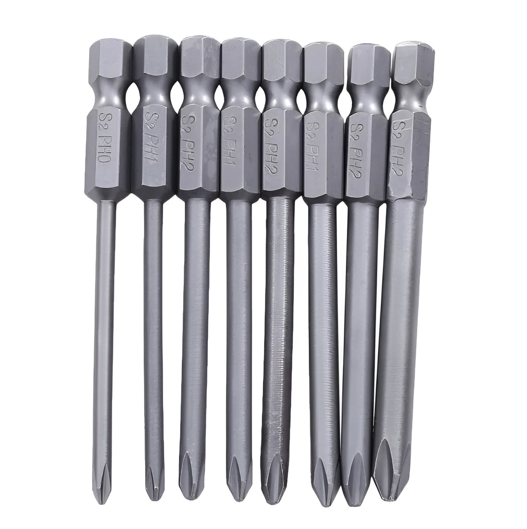 Set of eight long 75mm magnetic Phillips head screwdriver bits with red sleeves on a white background.
