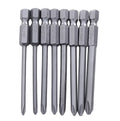 Set of eight long 75mm magnetic Phillips head screwdriver bits with red sleeves on a white background.