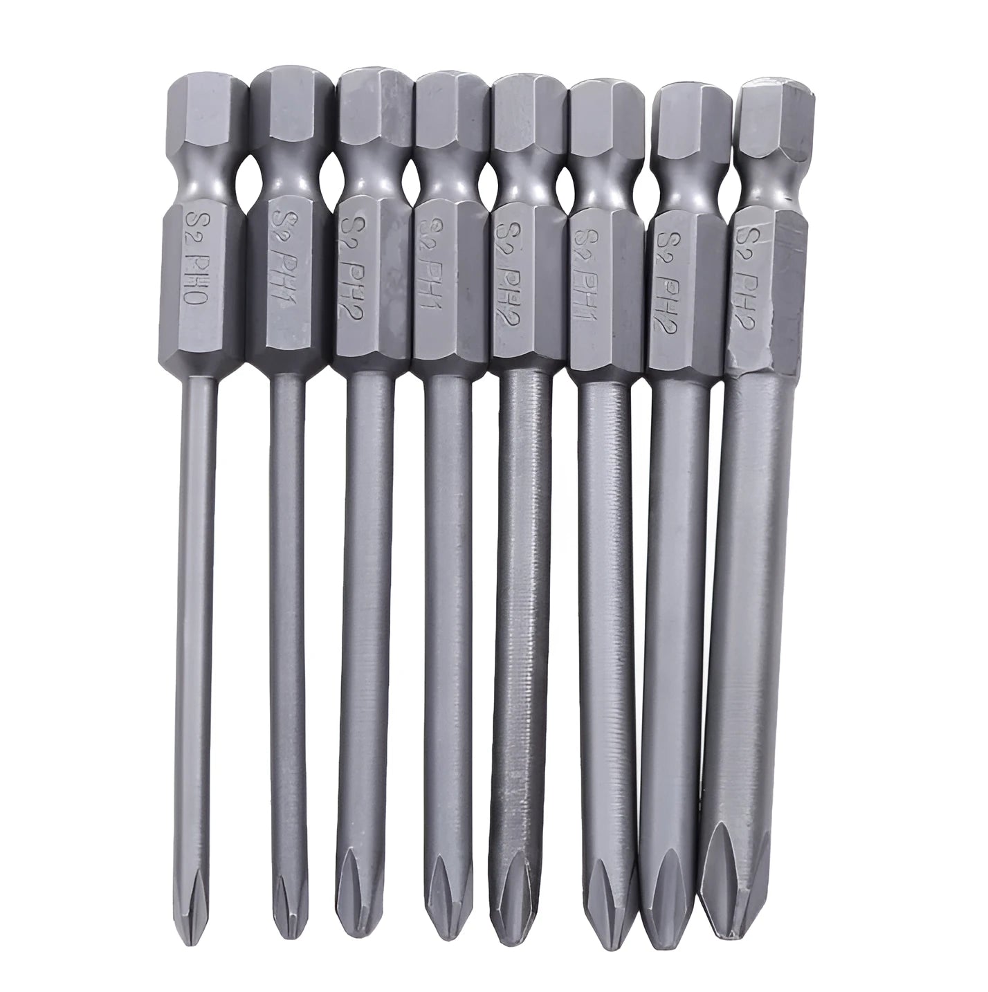 Set of eight long 75mm magnetic Phillips head screwdriver bits with red sleeves on a white background.