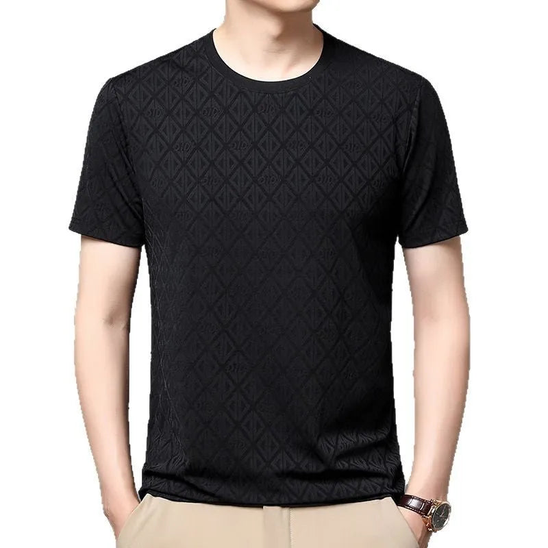 Men's black ice silk jacquard short sleeve t-shirt with loose fit casual design