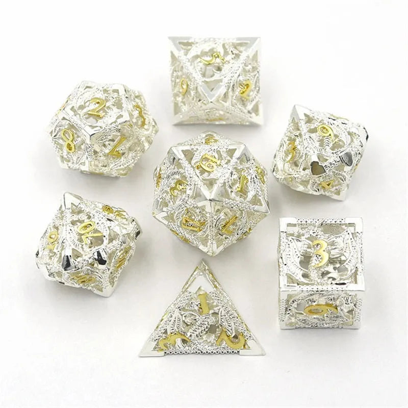 7-piece hollow copper electroplating dice set in multi-colour right-angle style, DND dice on gaming mat
