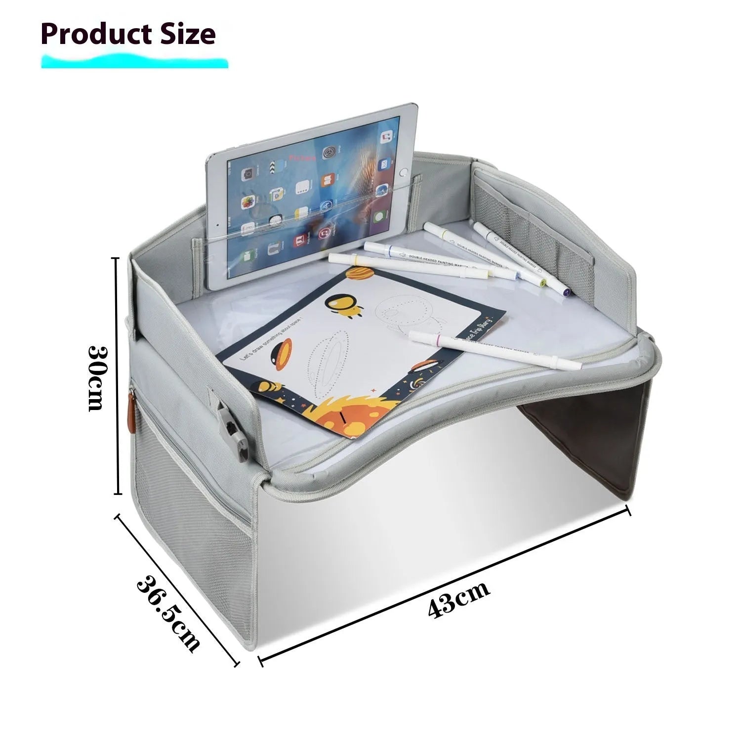 Gray portable car safety seat tray made from Oxford cloth measuring 43x36.5x30cm
