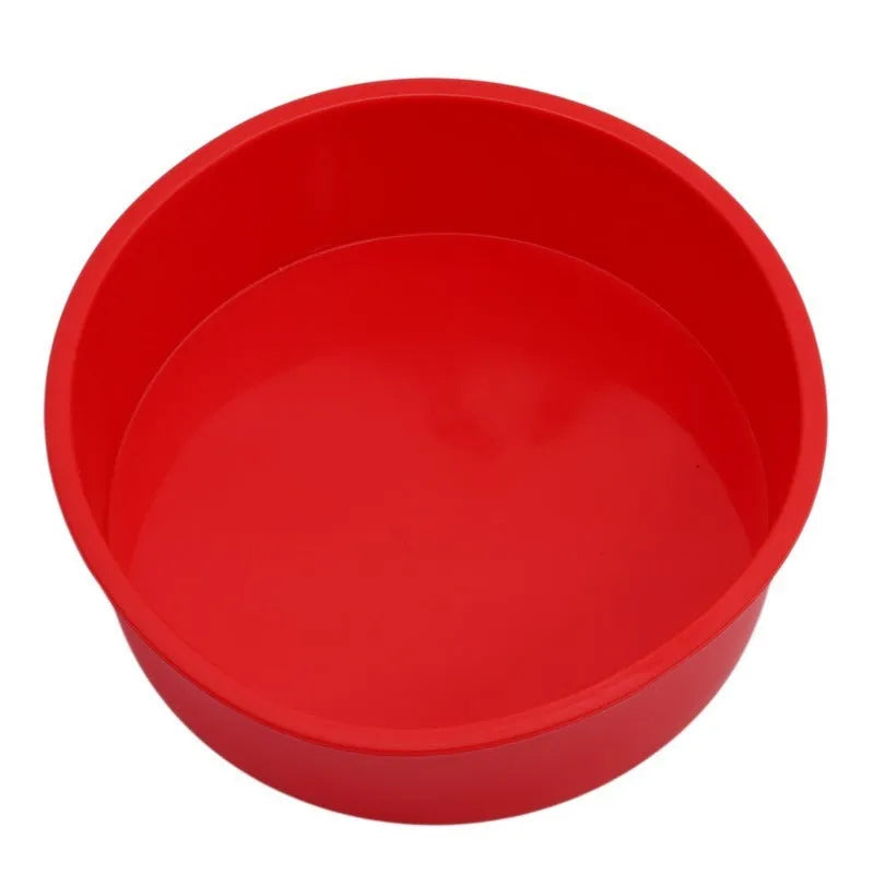 Red silicone round cake baking mould showing three size options: 8-inch, 6-inch and 4-inch