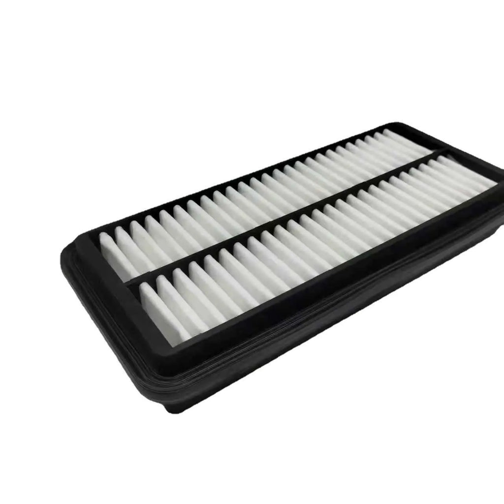 Black rectangular car panel air filter with dimensions 256mm by 113mm by 40mm