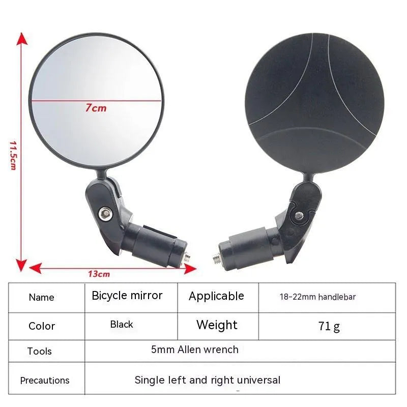 Black ABS foldable convex motorcycle rearview mirror showing 7cm diameter and rotating mechanism