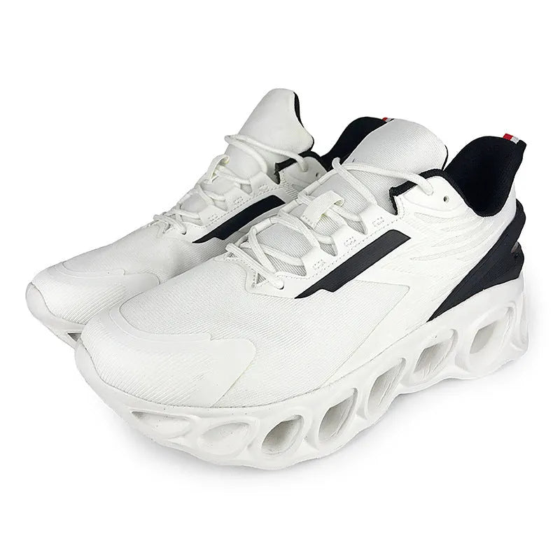 Black breathable low-top casual sports shoes with mesh upper and white stitching on a flat EVA sole.