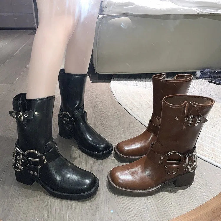 British style women's platform boots with belt buckle detail in middle-calf length