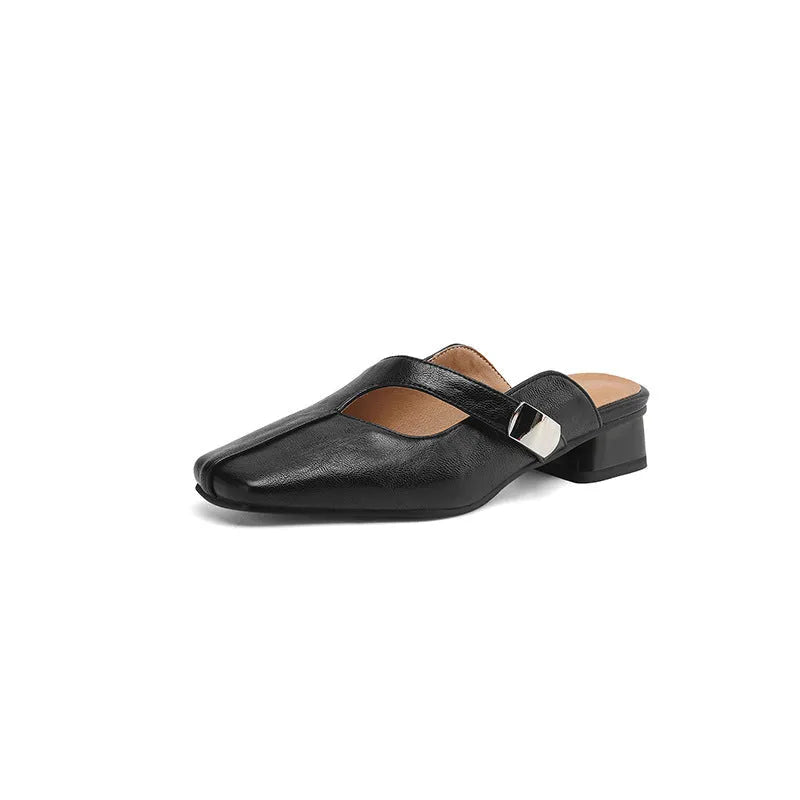 British style square head leisure slippers in black colour with artificial PU upper and low heel design
