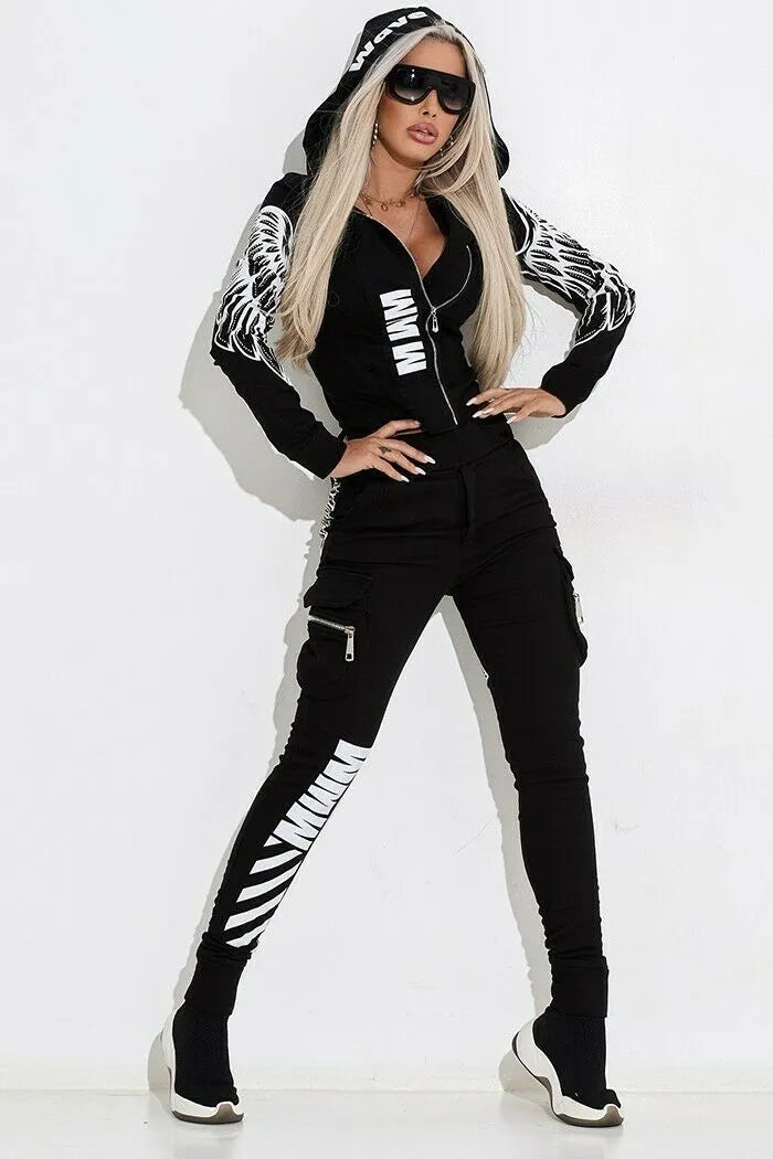 Black women's printed casual suit with hooded zip-up top and matching trousers.