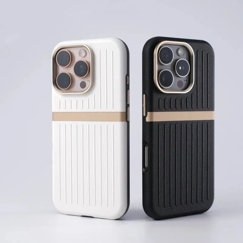 Corrugated magnetic phone case in black with frosted imitation leather finish for IPhone 15.
