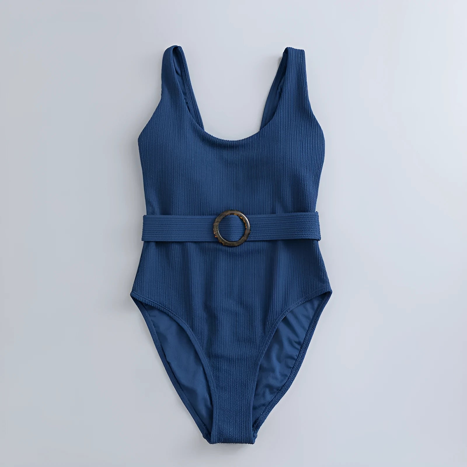 Navy blue solid colour one-piece swimsuit for women with a triangle style and built-in chest pad.