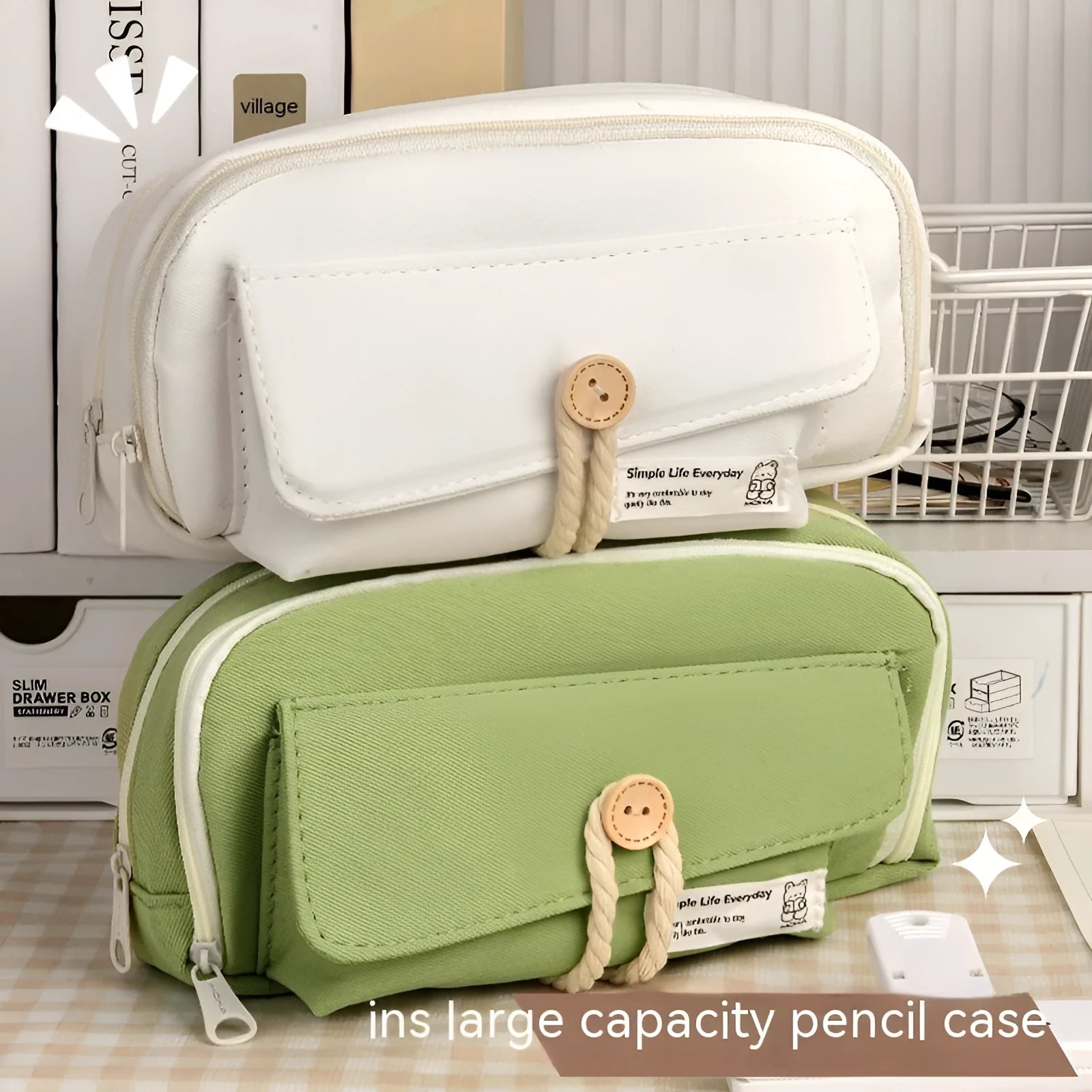 Korean-style large capacity canvas pencil case in green, beige, blue, and grey colour options.