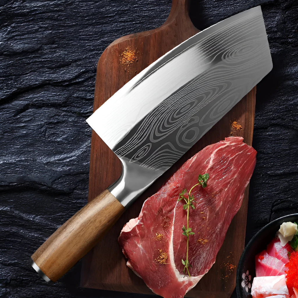 Stainless steel kitchen knife with a 40Cr13 steel blade, showing its 320mm length.