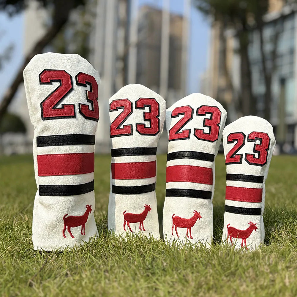 Set of four PU golf club head sleeves in a chosen colour for UT, 3/5, 1, and square putter.