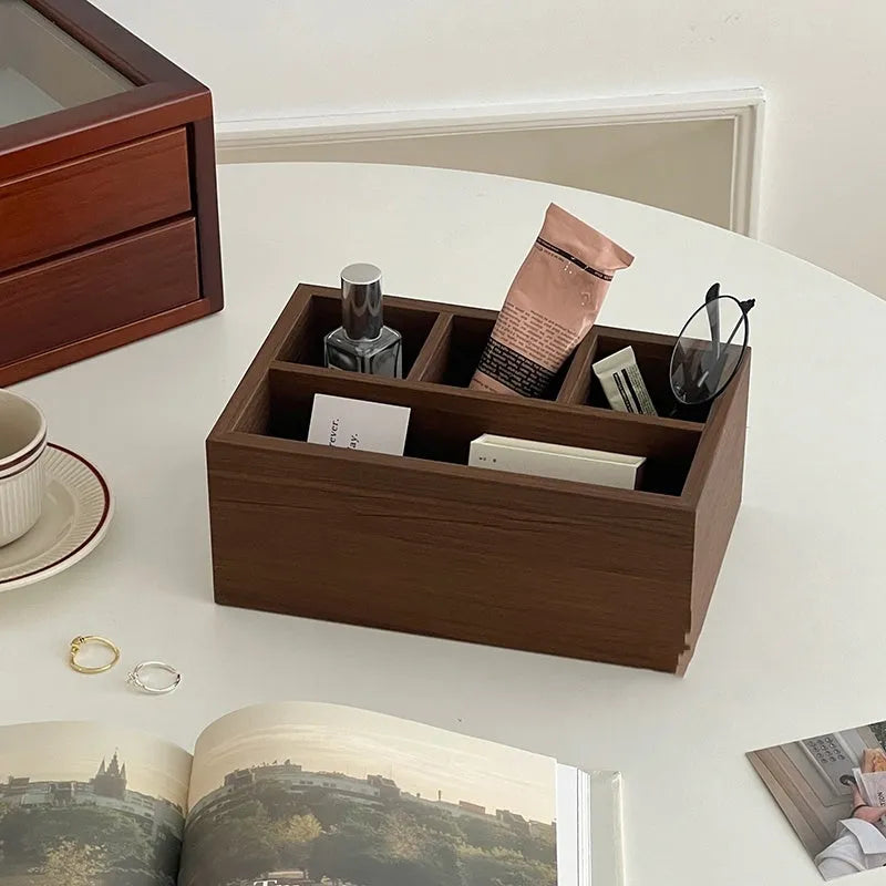 Retro wood desktop grid storage box – short four-cell tray with wooden surface