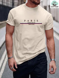 Men's casual white cotton t-shirt with black letter print, loose fit, short sleeves.