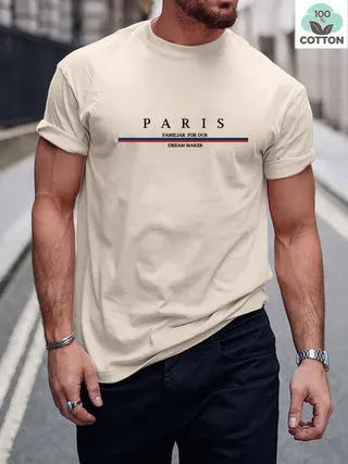 Men's casual white cotton t-shirt with black letter print, loose fit, short sleeves.