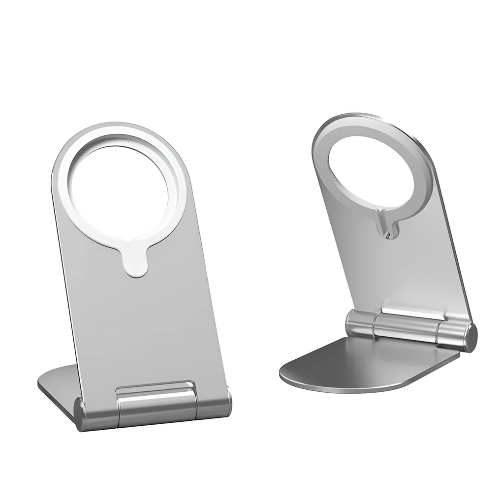 Silver vertical adjustable magnetic phone bracket showing aluminium alloy construction and iPhone12 compatibility