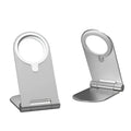 Silver vertical adjustable magnetic phone bracket showing aluminium alloy construction and iPhone12 compatibility