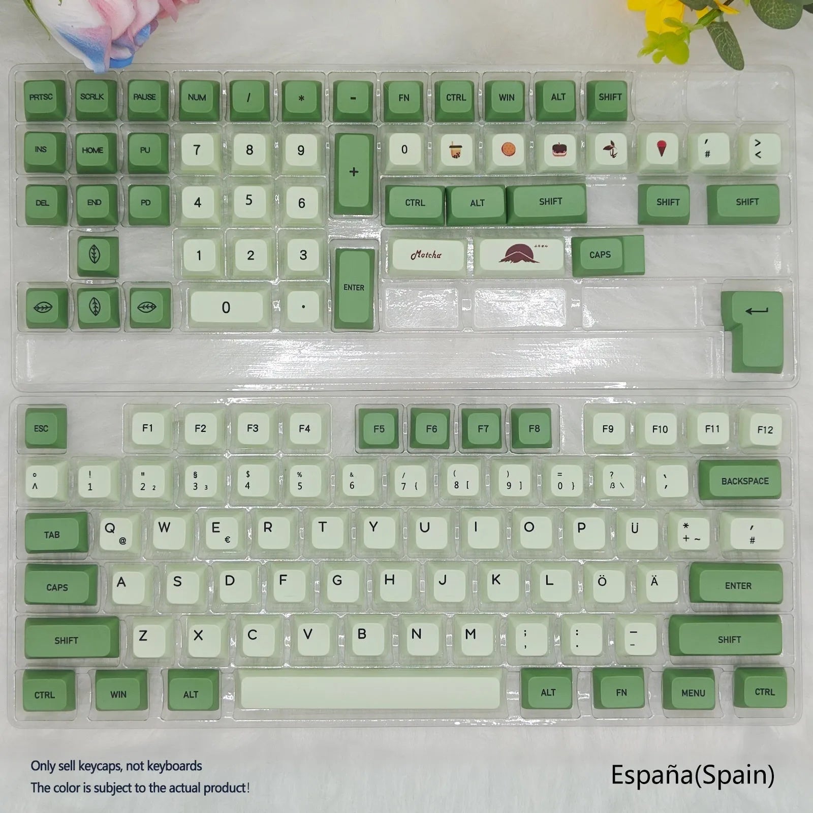 124-key Matcha green PBT keycap set for a mechanical keyboard, showing multiple language layout options.