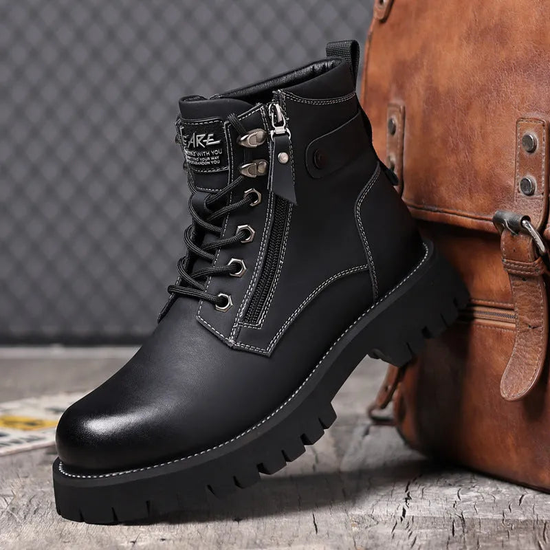 Men's brown high-top Martin boots with side zipper and a mid-height heel on a rubber sole.
