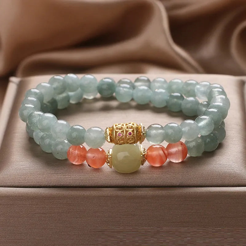 New Chinese style oil green jade and southern red agate beaded bracelet for women, light green round beads