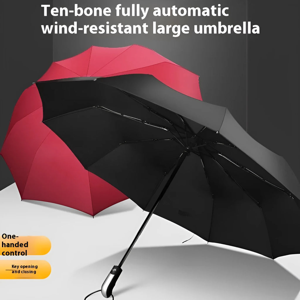 Automatic triple-folding business umbrella with a large black canopy, showing the rubber handle and steel ribs.