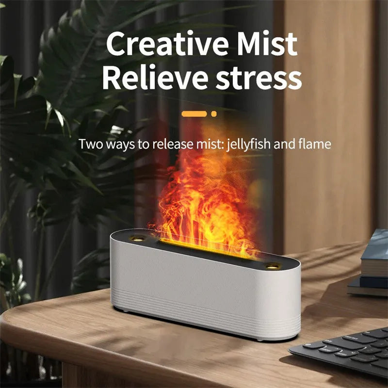 Black or white flame air humidifier with aroma diffuser and 7 colour LED lighting on table