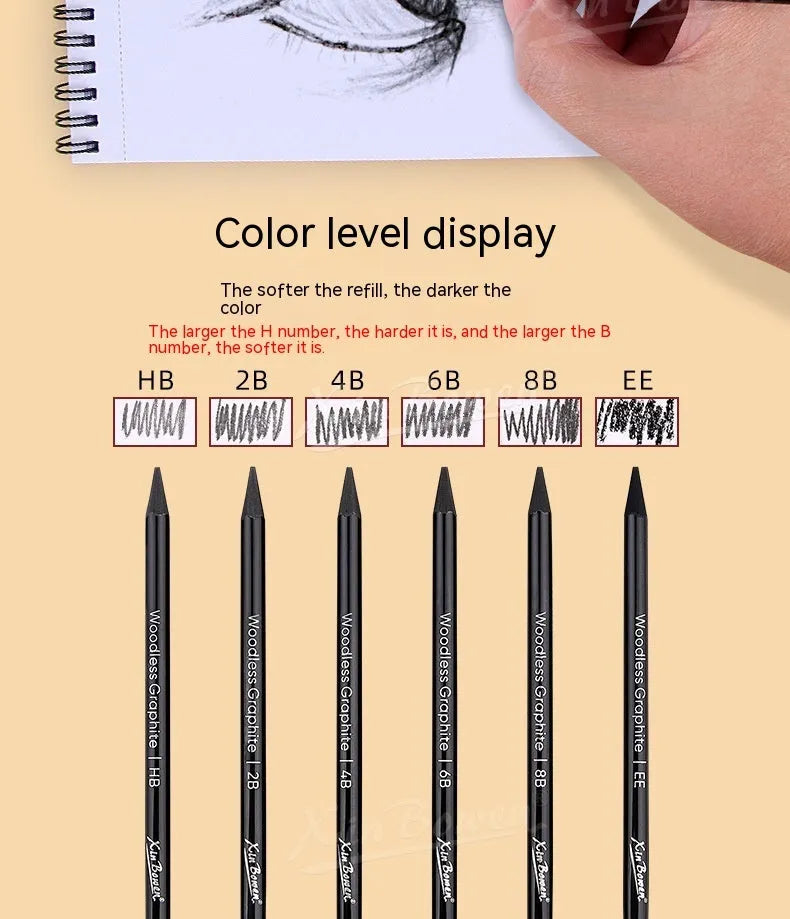 Six graphite sketching pencils in wood-free full lead design with HB 2B 4B 6B 8B EE grades