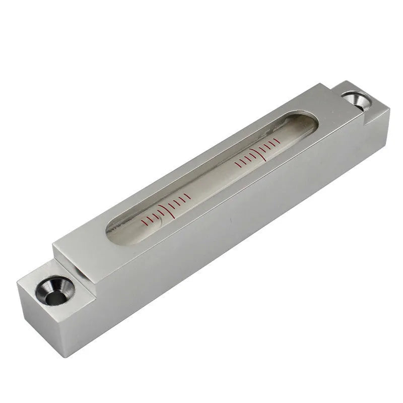 Metal mini spirit level with glass vials showing 132mm length for precision workshop alignment
