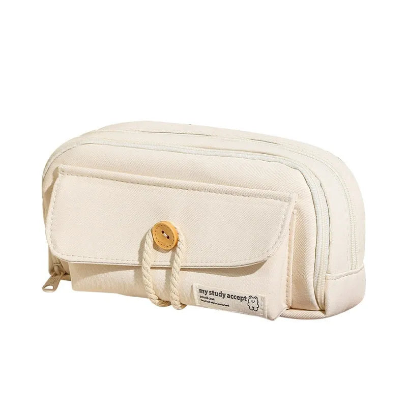 Korean-style large capacity canvas pencil case in green, beige, blue, and grey colour options.