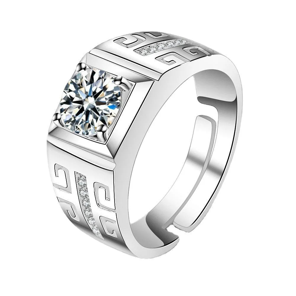 Men's adjustable square diamond ring in gold or platinum finish on copper.