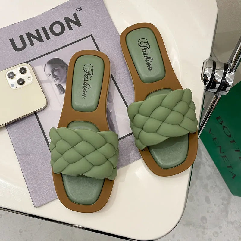 Women's anti-skid beach sandals in plaid pattern available in white, green, black and orange colours