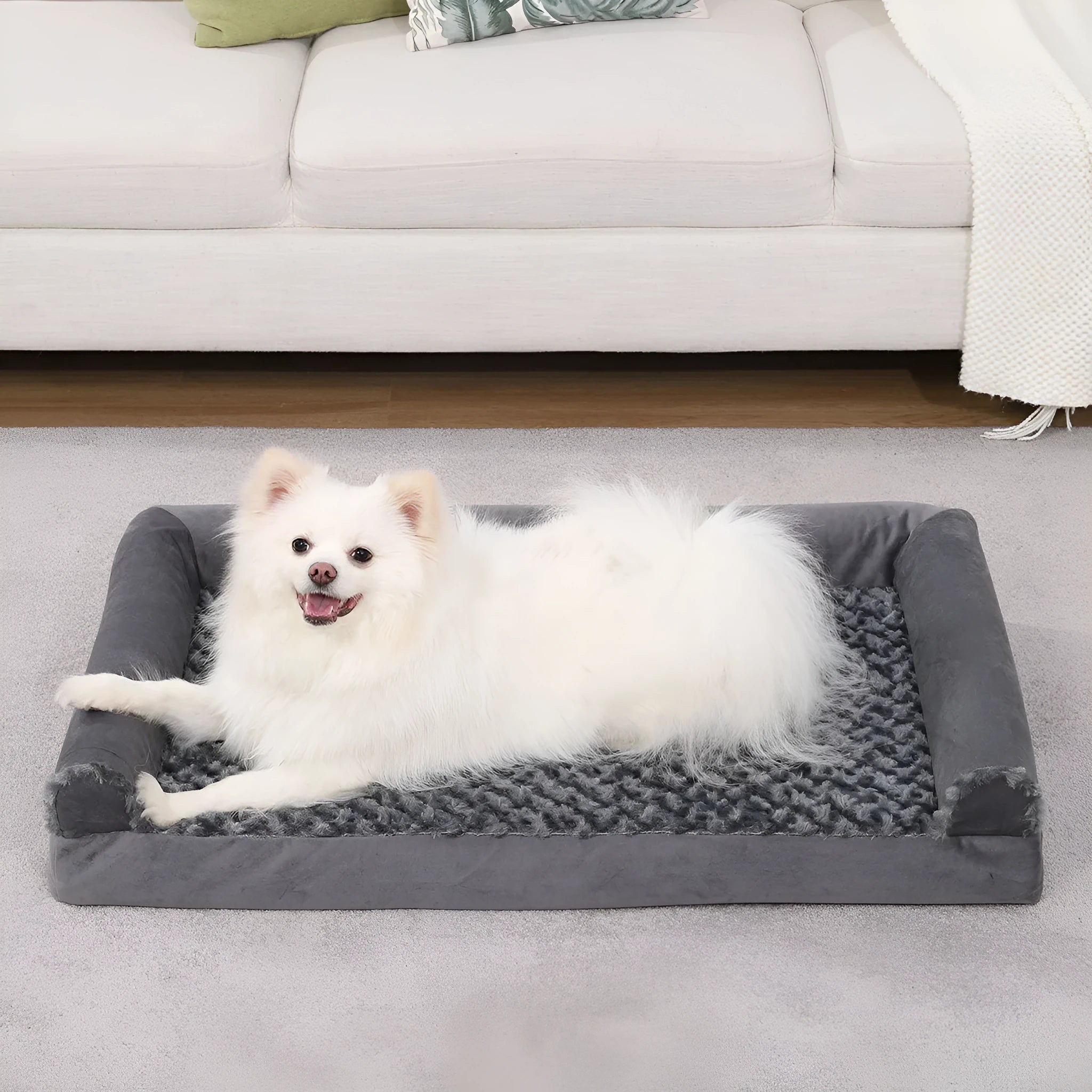 Grey U-shaped dog sofa with removable velvet cover and sponge filling in seven size options
