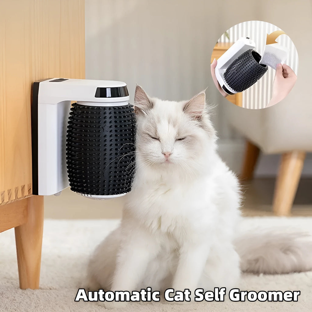 White automatic cat self-groomer brush mounted in a wall corner with soft silicone bristles.