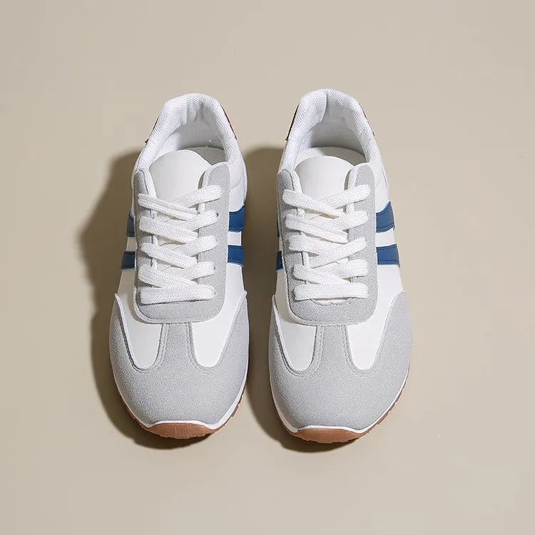 Blue and grey Cortez stripes casual sports shoes with round toe and flat rubber sole.