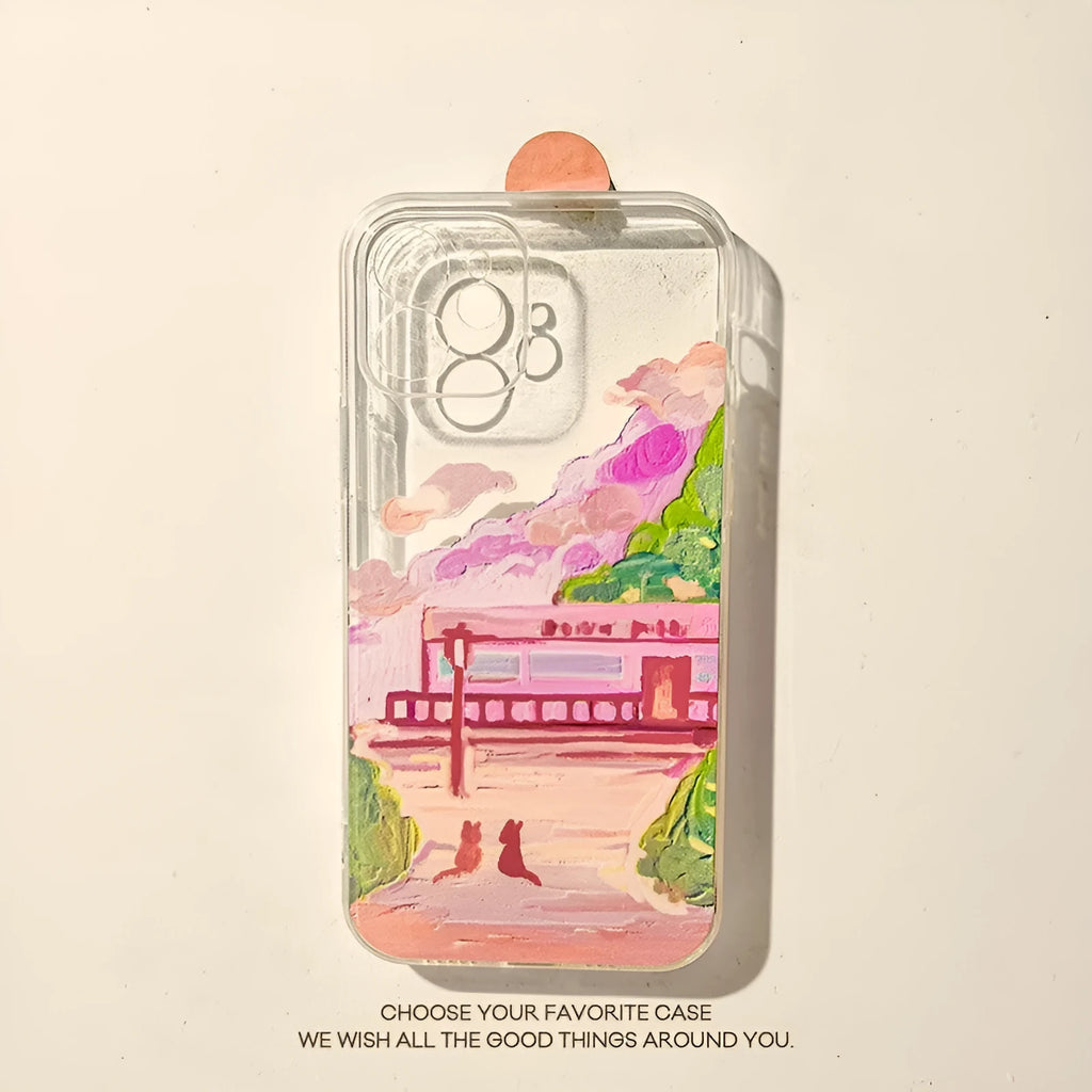 Soft silicone iPhone case with a cartoon design of two cats on the back.