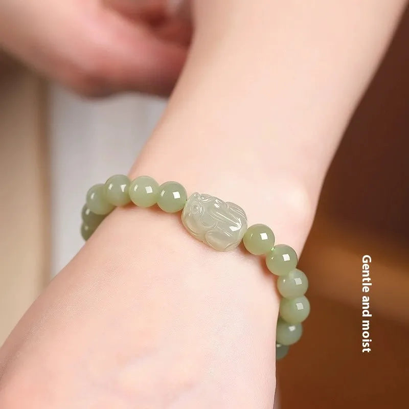 Women's grey Hetian jade ethnic bracelet with polished beads in 6mm, 8mm or 10mm sizes