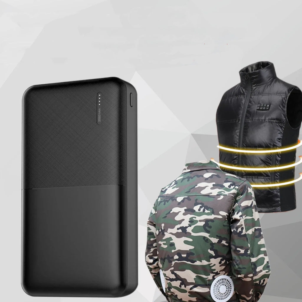 20000 mAh portable power bank with multiple USB ports in black or white colour measuring 140x69x26mm