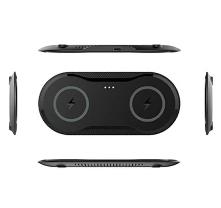 Black and white dual wireless charging pad for two phones with separate fast-charging coils