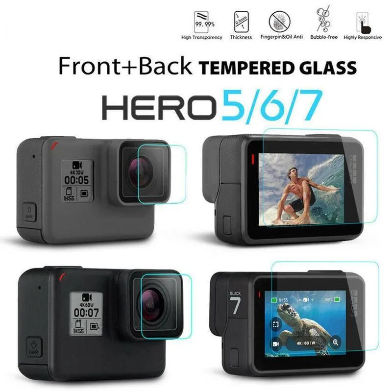 GoPro Hero camera with transparent 9H tempered glass screen protector and lens protector film applied.