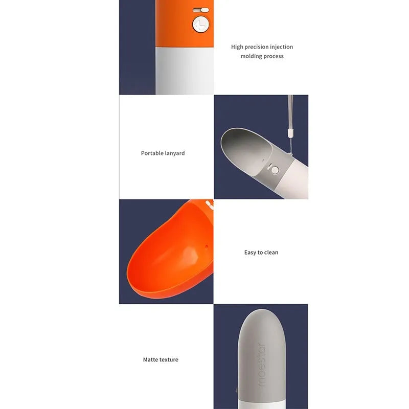 White Moestar Rocket Pet Cup with grey accents, showing the water outlet and one-button lock on a portable dog water bottle.