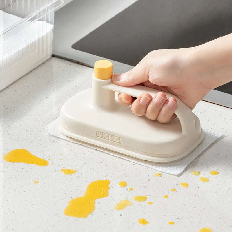 Magic cleaning brush with plastic handle and 50 disposable white non-woven fabric rag refills for household cleaning
