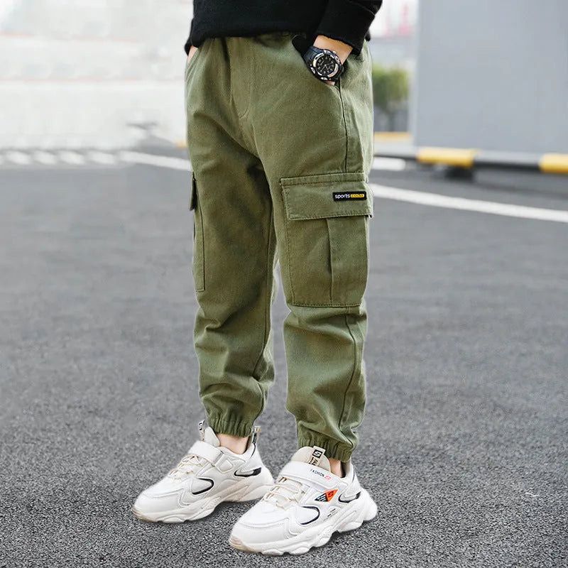 Boys' casual cotton summer trousers in khaki, shown in size for child over 140cm.
