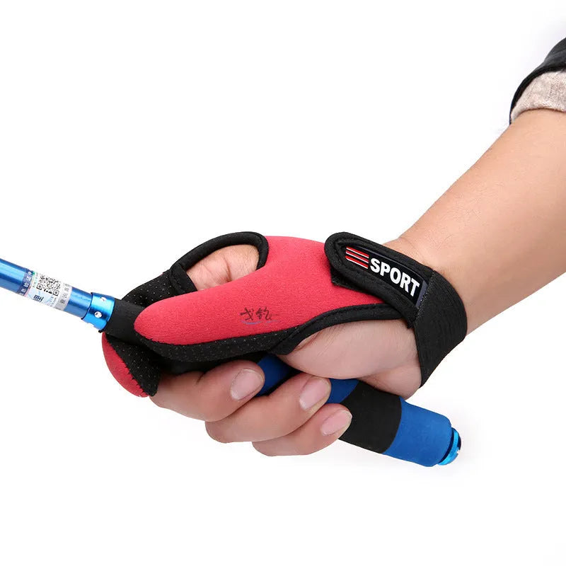 Two-finger fishing glove for tackle handling in blue, made from dive cloth and microfiber palm.