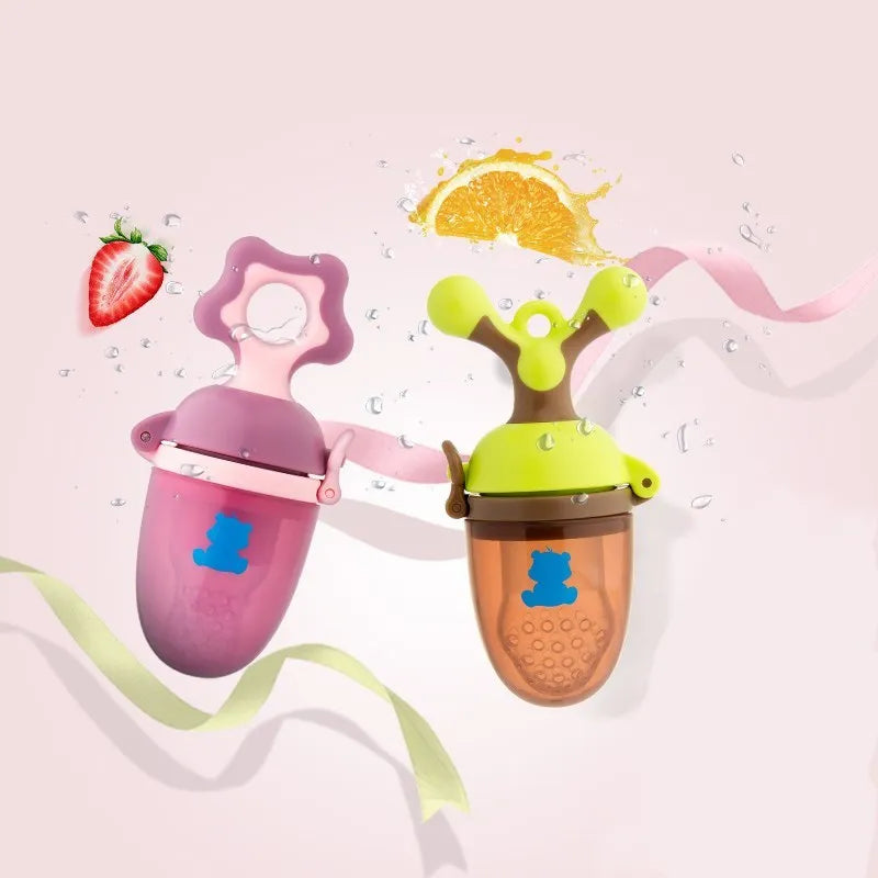 Purple and green polypropylene baby bite trainer with textured grip surface