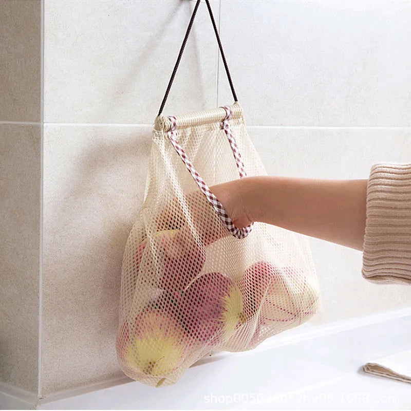 Beige plaid polyester mesh storage bag with cotton rope handles measuring 26x29cm